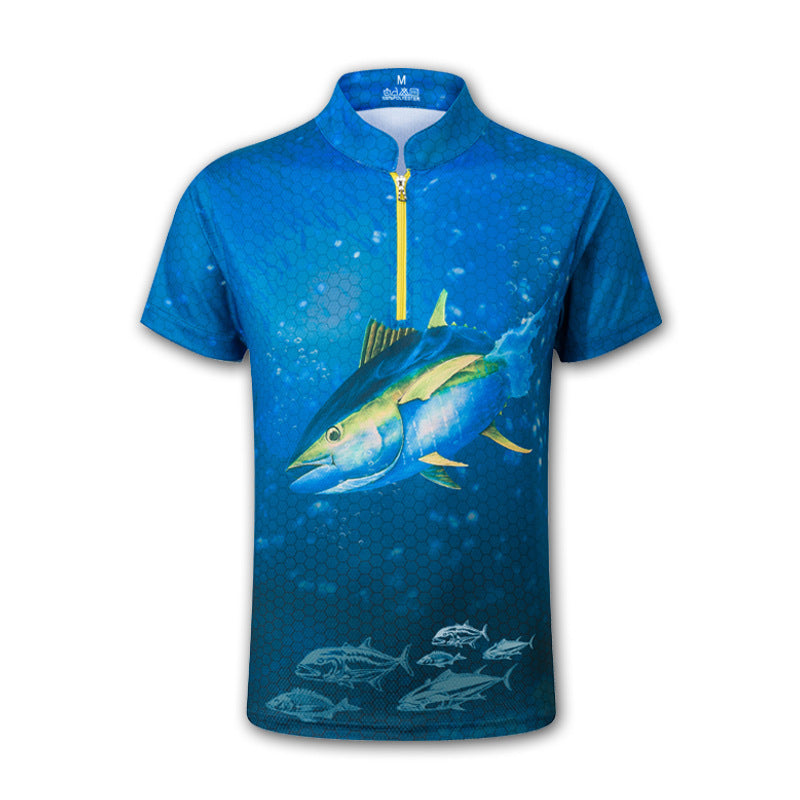 Short Sleeve Sun Protection Fishing Set With Stand Collar Print Men's Summer Moisture Wicking Fishing Set - SURPHY