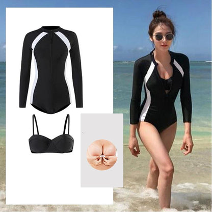 ins swimsuit women's summer conservative long sleeve surf suit one-piece swimsuit student beach sun dive - SURPHY