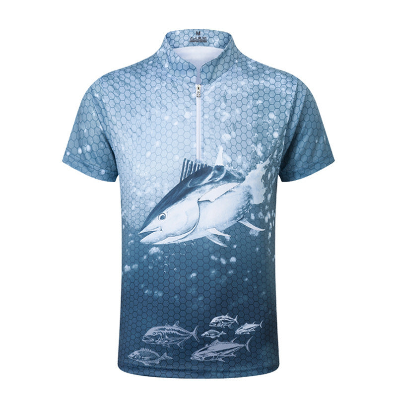 Short Sleeve Sun Protection Fishing Set With Stand Collar Print Men's Summer Moisture Wicking Fishing Set - SURPHY