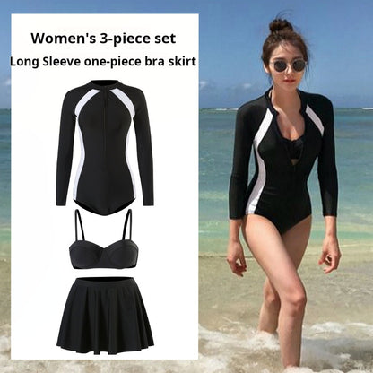 ins swimsuit women's summer conservative long sleeve surf suit one-piece swimsuit student beach sun dive - SURPHY